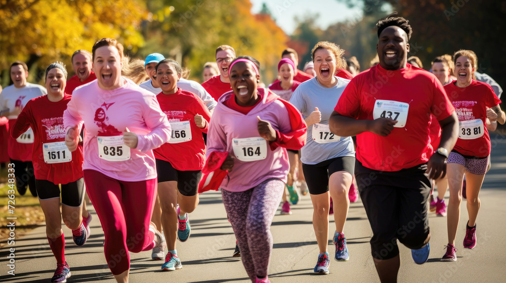 Joyful group of people running a charity marathon in autumn