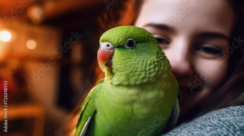 Girl is holding a green parrot in her arms.