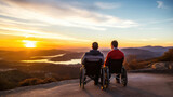 Two persons in wheelchairs enjoying a scenic sunset on a mountain overlook