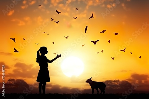 little girl silhouette with flying birds 