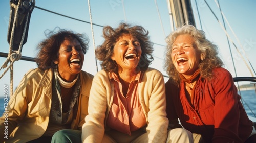 Three older women laughing on a sailboat. © Tamazina