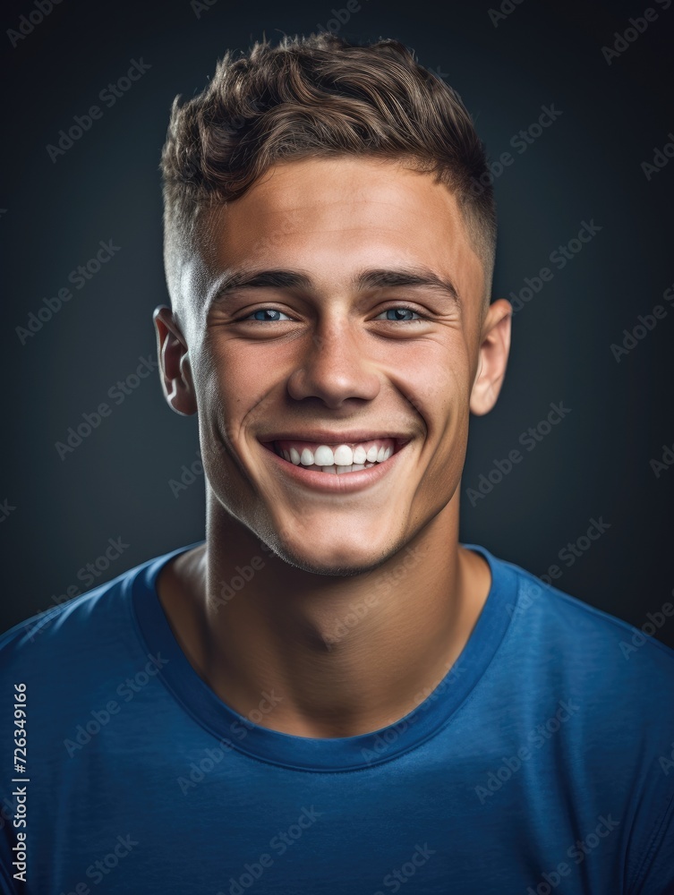 Obraz premium Young man smiling in front of a dark background.