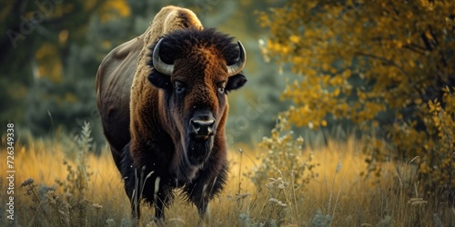 Bison Standing in Tall Grass Field