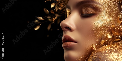 Close-Up of Womans Face With Gold Leaves