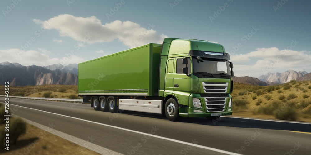 Green truck drives on the road near a field at sunset Cargo delivery by cars concept Van rides on the countryside .
