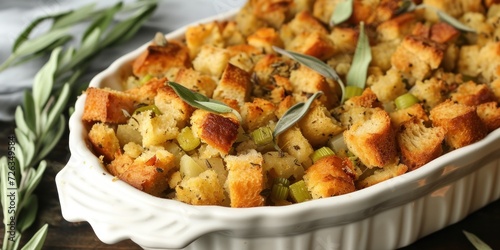 Casserole Dish Filled With Stuffing and Vegetables