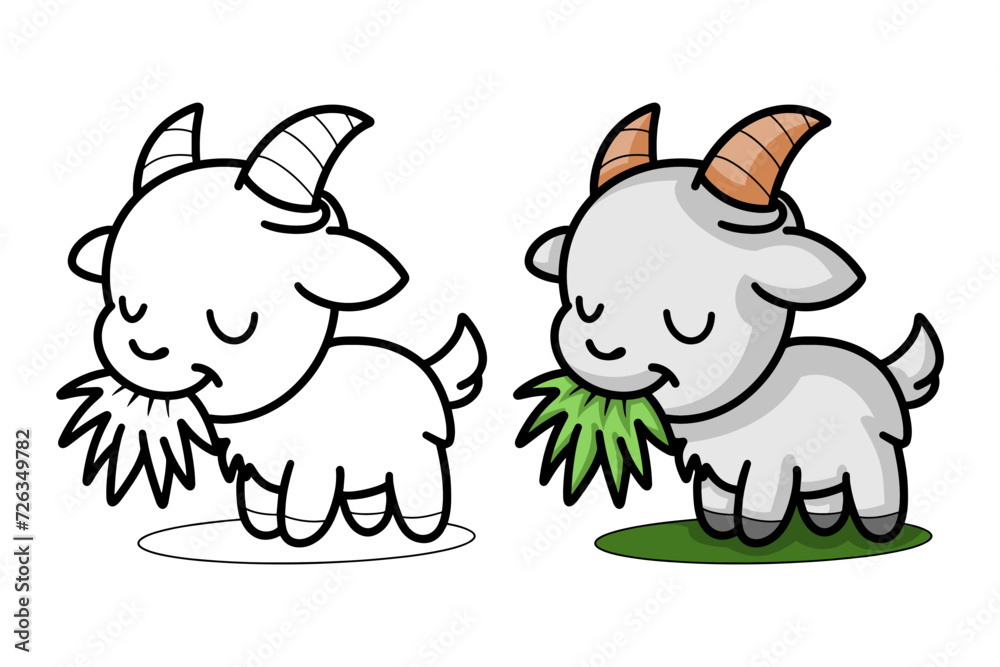 Naklejka premium learn to color lamb eating grass, coloring book, coloring pages for children.
