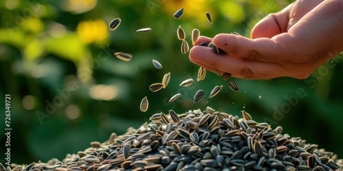 Person Sprinkling Seeds on Pile of Sunflower Seeds photo