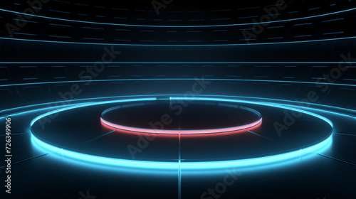 Empty round stage with glowing neon lines