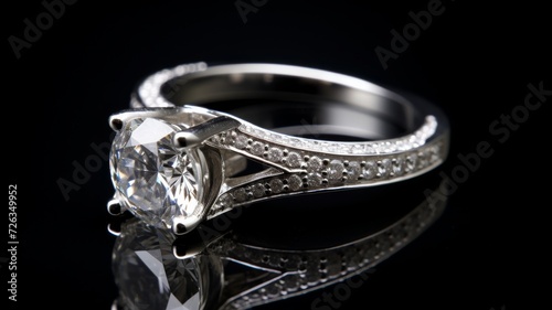 Traditional diamond engagement ring crafted in silver, showcased against a sophisticated black backdrop