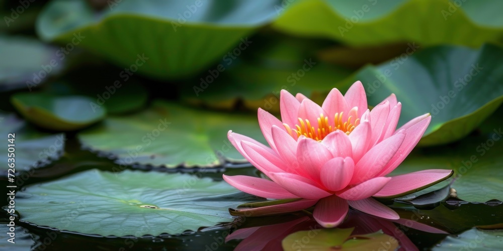 Pink Water Lily in Pond With Lily Pads