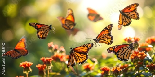 Group of Orange Butterflies Flying in the Air photo