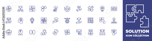 Solution line icon collection. Editable stroke. Vector illustration. Containing puzzle, idea, bulb, innovation, solution, brainstorming, integrated, idea bulb, problem solving, piece.