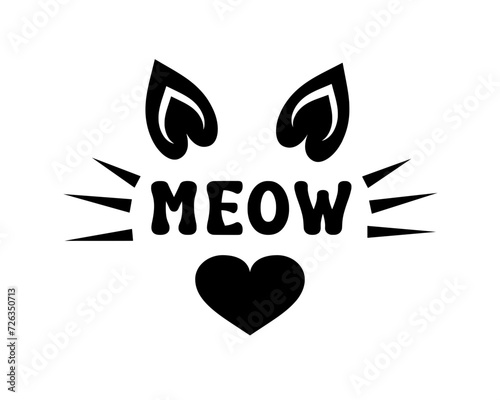 Cute design with cat meow text – Vector illustration with whiskers, ears, a heart, and the word meow