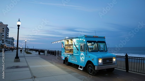 A vibrant food truck serving up mouthwatering tacos with a side of zesty salsa, perfect for a sunny day at the beach.