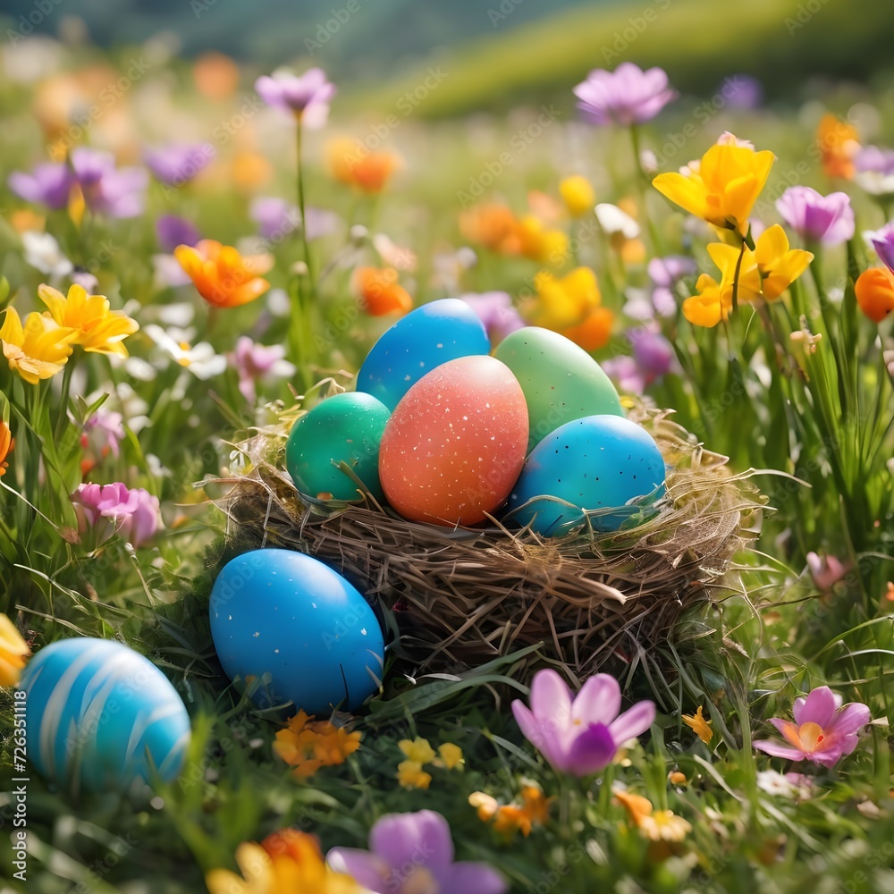 Easter Eggs Basket in a Flowerfield Easter Eggs Basket in a Flowerfield