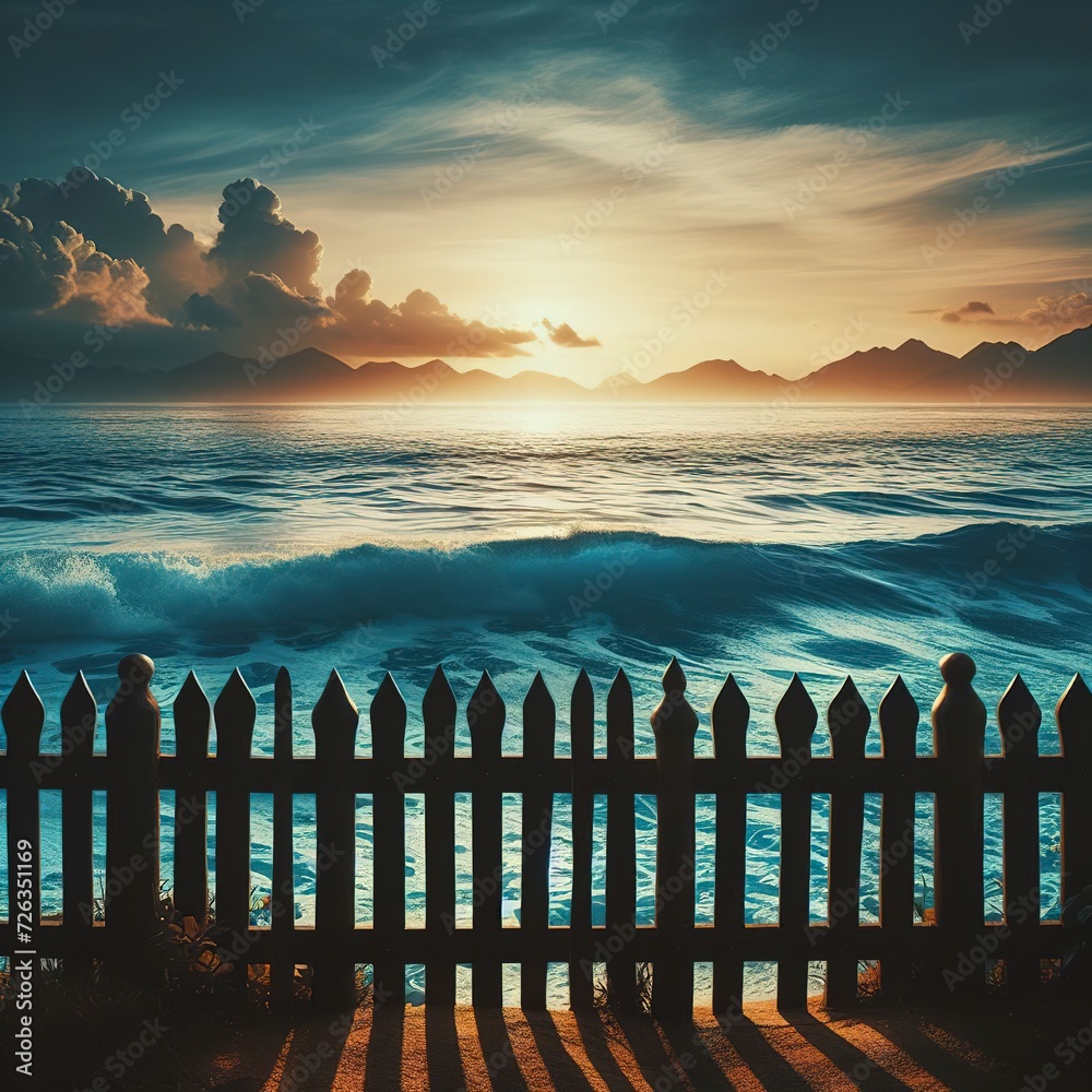 silhouette wooden fence with wavy blue sea behind - obrazy, fototapety, plakaty 