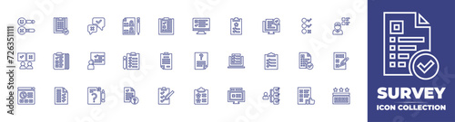 Survey line icon collection. Editable stroke. Vector illustration. Containing survey, clipboard, survey results, medical report, compliance, checklist, work list, question, feedback, project status.