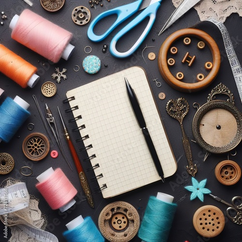 Sewing supplies and notepad for notes on a black background. Place for text