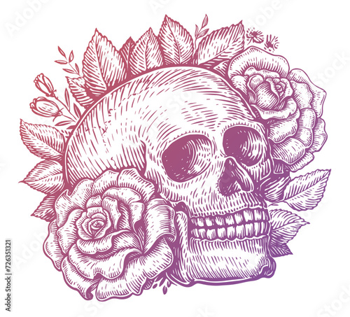 Human skull and roses with leaves and plants. Hand drawn sketch vintage vector illustration