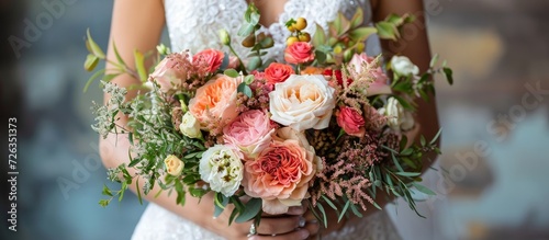 Bride with a gorgeous bouquet of fresh and faux flowers in various shades and varieties. photo