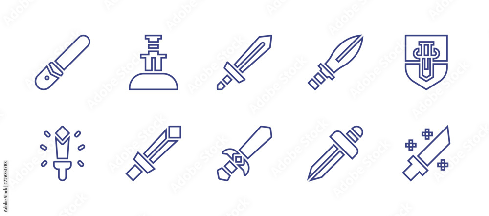Sword line icon set. Editable stroke. Vector illustration. Containing sword, light sword, shield.