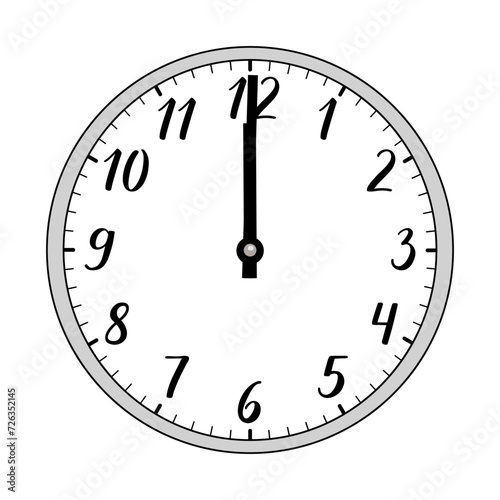 Vector illustration of a round analog clock showing 12 hours of the day or 24 hours of the night. The clock has a gray bezel and beautiful handwritten numerals. Noon or midnight.