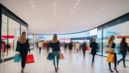Blurred background of a modern shopping mall with some shoppers. Stylish women looking at showcase, motion blur. Abstract motion blurred shoppers with shopping bags. generative, ai.