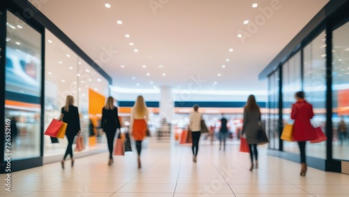 Blurred background of a modern shopping mall with some shoppers. Stylish women looking at showcase, motion blur. Abstract motion blurred shoppers with shopping bags. generative, ai.