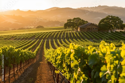 A sunlit vineyard with rows of grapevines  a tasting room  and rolling hills in the background