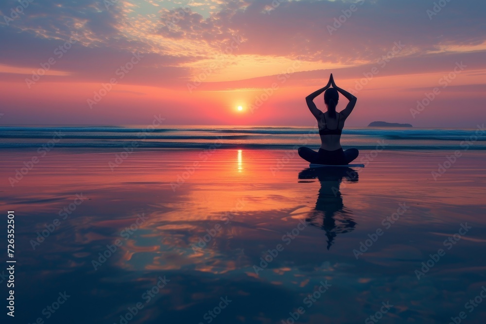 A tranquil morning yoga session on a beach, with the sun rising over the ocean and calm waves