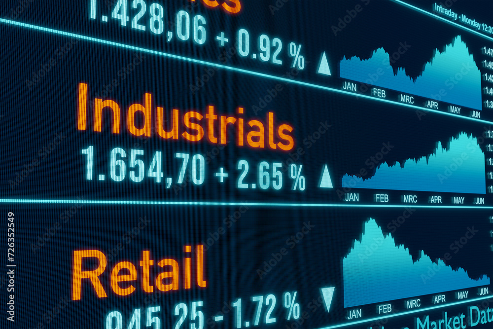 Obraz premium Industry and retail sector charts, index information. Stock market and exchange monitor. Business, financial markets, investment. 3D illustration