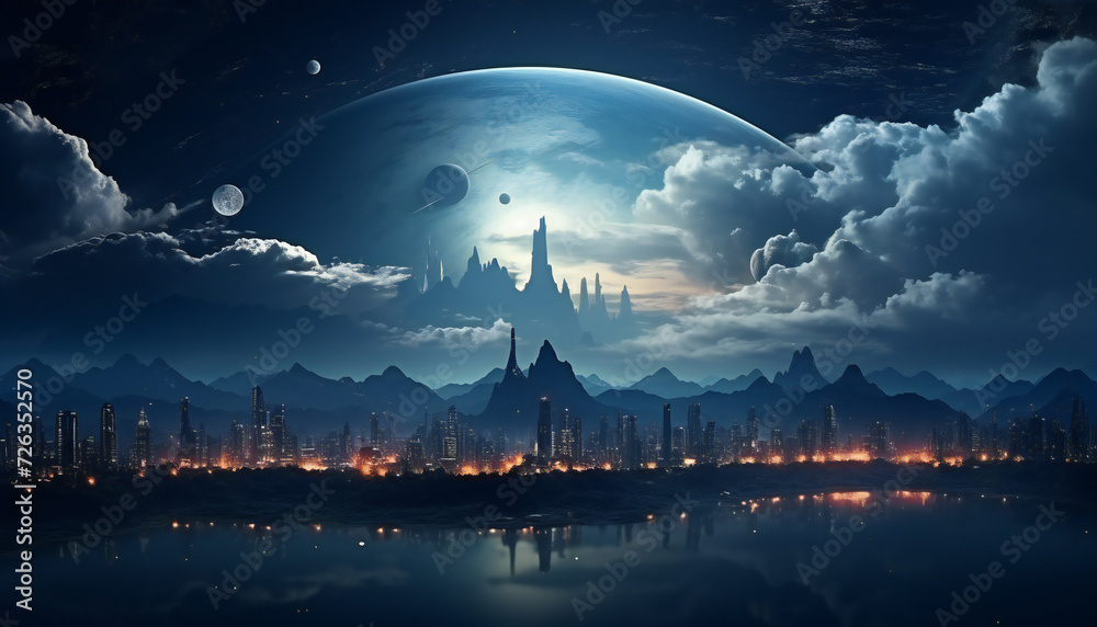 Landscape recreation of a fictitious city of the multiverse with moons and planet in the sky	 - obrazy, fototapety, plakaty 