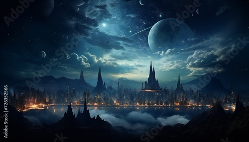 Landscape of a fictitious city of the multiverse with moons and planet in the sky 