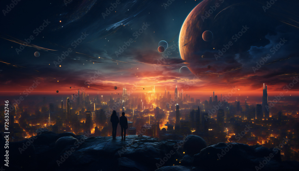 Landscape of a fictitious city of the multiverse with several moons and planet in the sky
