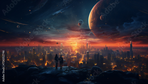 Landscape of a fictitious city of the multiverse with several moons and planet in the sky  © bmicrostock