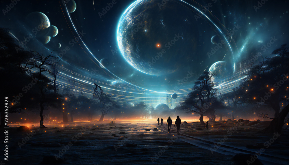 Landscape of people walking in the multiverse with planets and moons in the sky