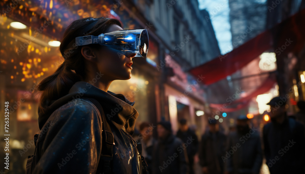 Recreation of a girl with a virtual reality goggles in a street of the multiverse Recreation of a girl with a virtual reality goggles in a street of the multiverse