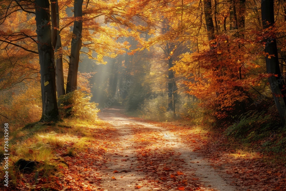 An autumn forest path with leaves changing color and sunlight filtering through the trees