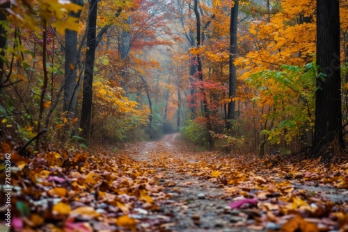 An autumn forest with colorful falling leaves and a peaceful walking trail  signifying change and natural beauty