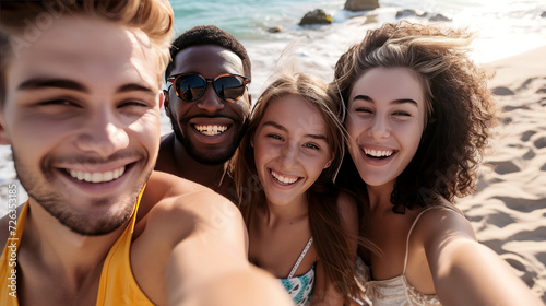 Four Young Friends Taking a Beach Selfie