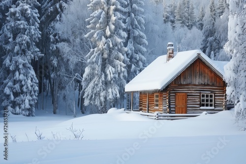 A cozy, rustic cabin in a snowy winter landscape, evoking a sense of warmth and solitude. © furyon