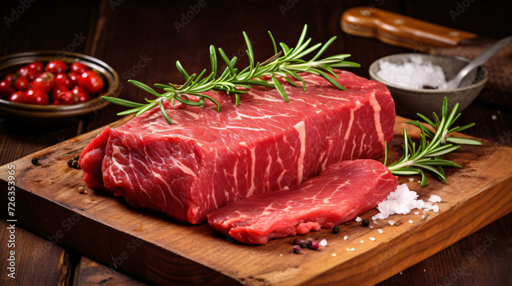 Raw beef with wooden table background