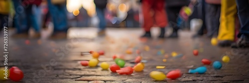 konfetti on the ground, carnival street , blurry background, ground photoshot