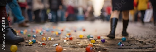 konfetti on the ground, carnival street , blurry background, ground photoshot