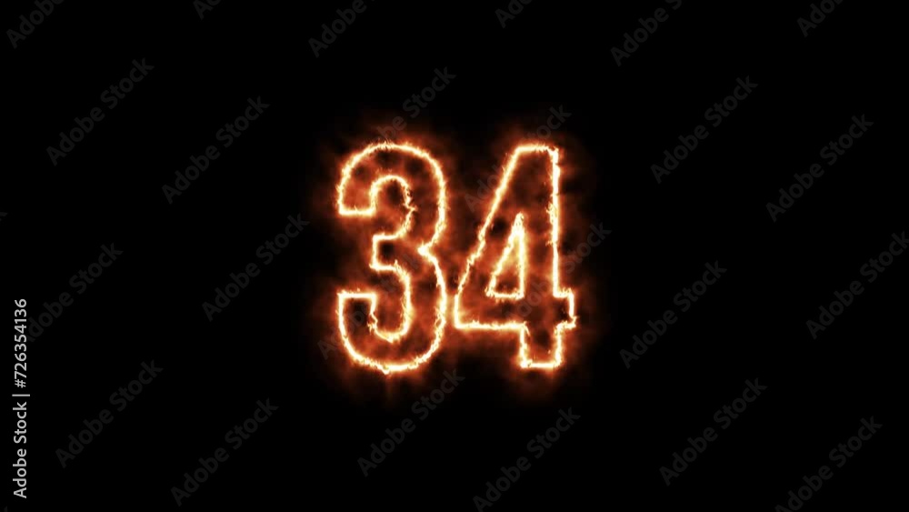 Number 34 fire Animation on a black background. Number Thirty Four is burning in flames Animation on Isolated Black Background