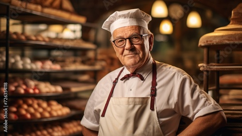 A close-up portrait of a male baker 70-80 years old in a chef's hat and apron, baking delicious pastries against the background of a bakery. An experienced man prepares Delicious fresh bread. © liliyabatyrova