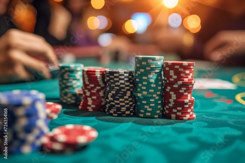 A high-stakes poker tournament in a casino, with players focused and chips stacking up
