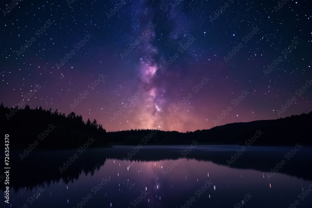 A magical, star-filled night sky over a peaceful lake, inspiring awe and wonder.
