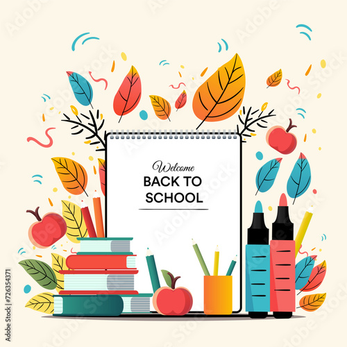 Back to school colorful illustration of notebook, pile of books, pencils, autumn leaves other many school supplies. Bright design in 1990s style for web, site, advertising, banner, poster, vector